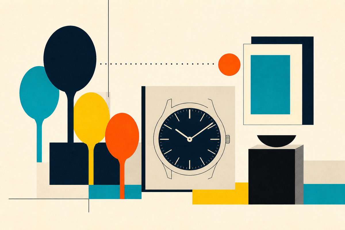Abstract Swiss-style composition of auction paddles, a watch dial, gallery frames and geometric blocks