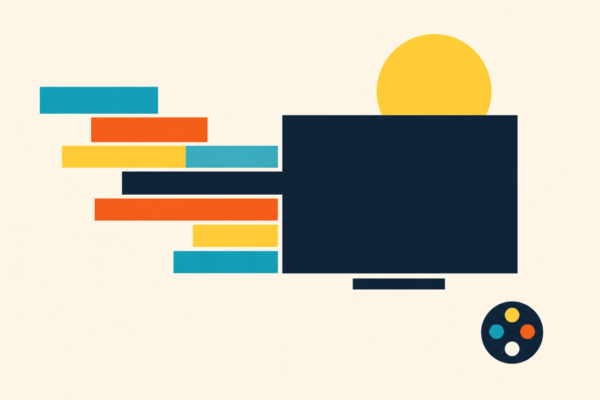 Abstract Swiss-style composition of colored channel tiles flowing into a television screen