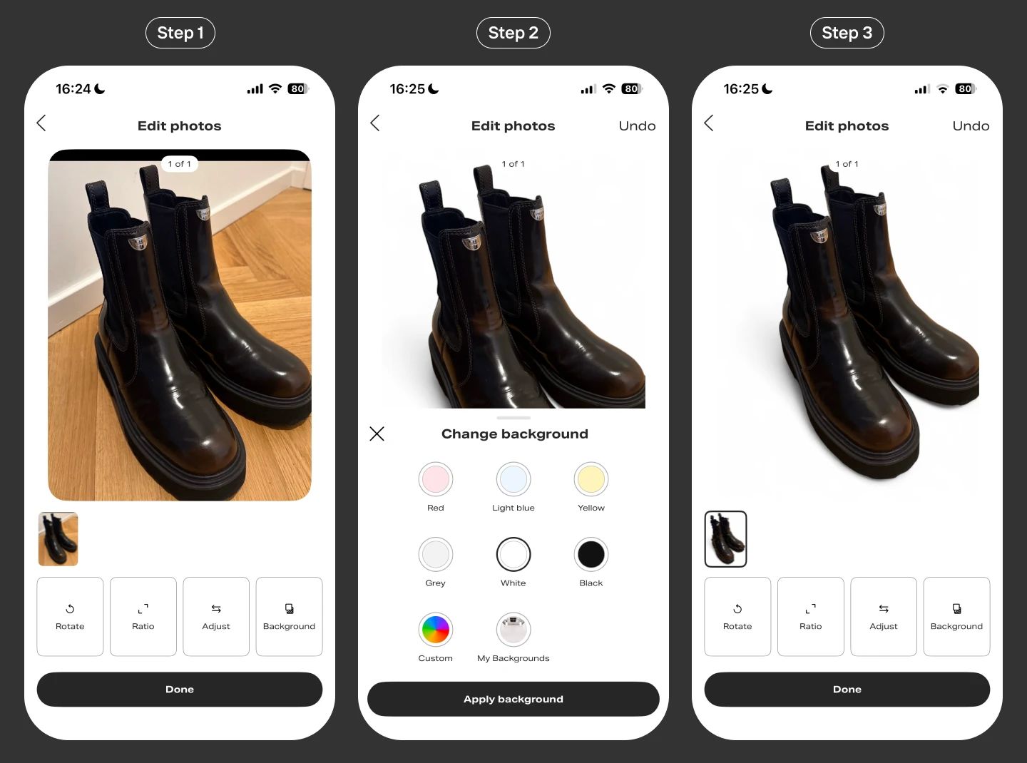 Photoroom’s Depop case-study illustration showing product photos with AI shadows
