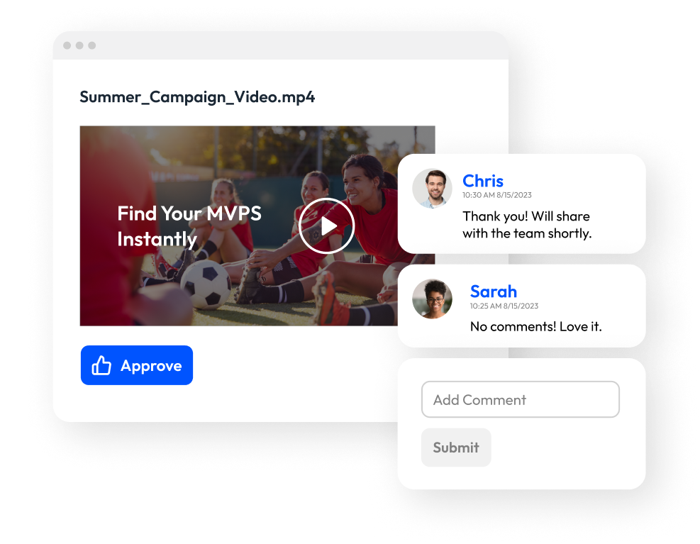 PhotoShelter product illustration showing comments alongside a summer campaign video