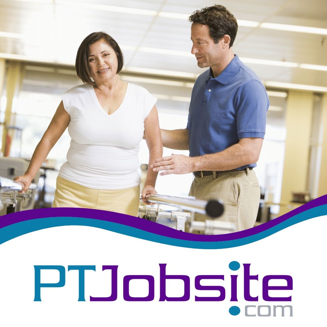 PTJobSite promotional photograph showing a therapist supporting a patient at parallel bars