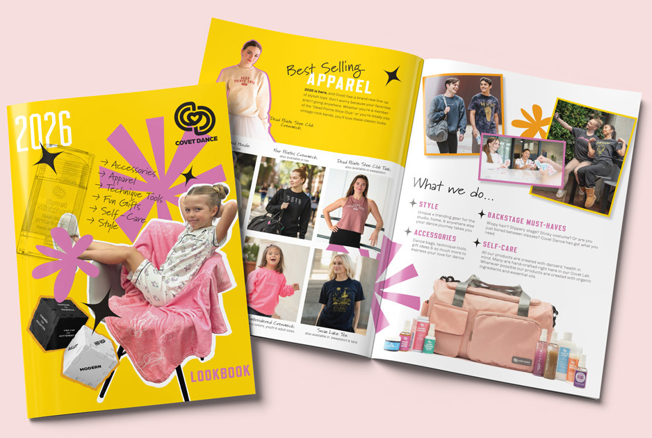 Pi Design’s 2026 Covet Dance lookbook, with yellow and pink covers and apparel spreads
