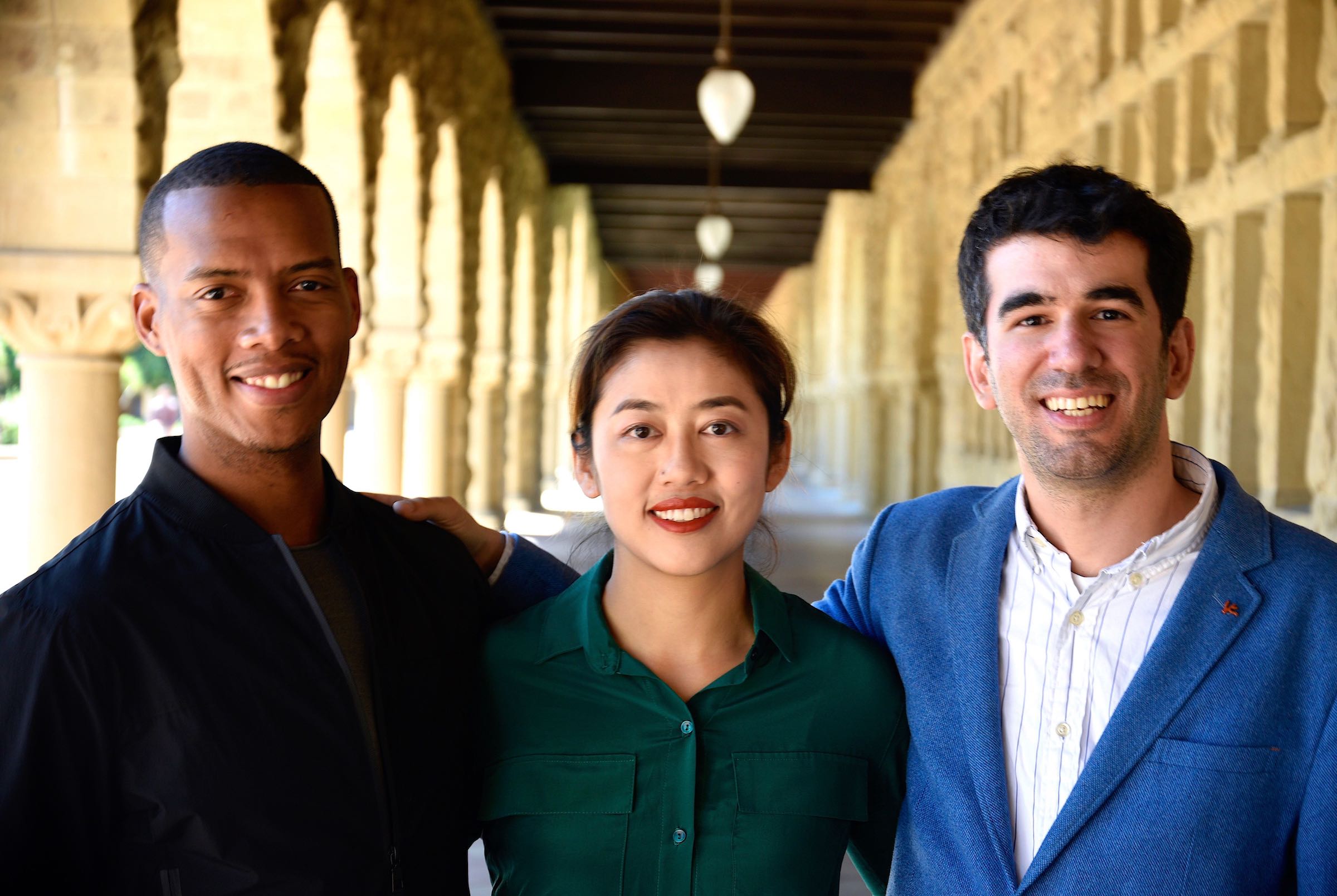 Vincent McPhillip, Chengdiao Fan, and Nicolas Kokkalis standing together at Stanford in 2019