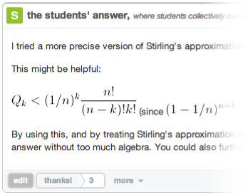 A Piazza student answer with a mathematical formula and collective editing controls