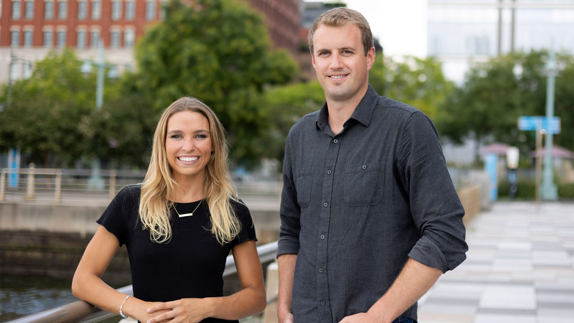 Pickle co-founders Julia O’Mara and Brian McMahon standing outdoors