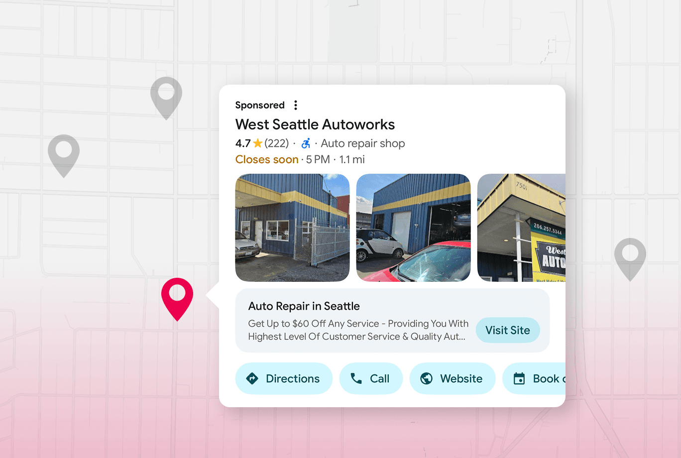 Pie Growth illustration showing a sponsored local auto repair listing with directions and call buttons