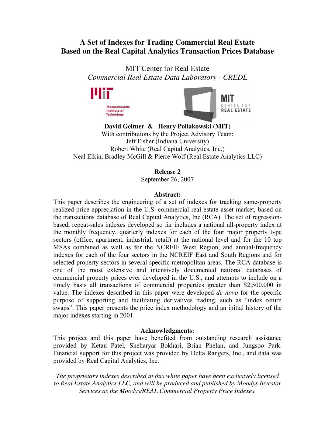 First page of the September 2007 commercial property index methodology paper, with Pierre Wolf credited on the project advisory team