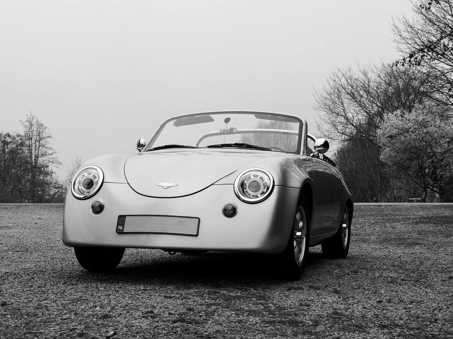 Black-and-white photograph of Pieter Omvlee’s Carice TC2 convertible parked beside trees