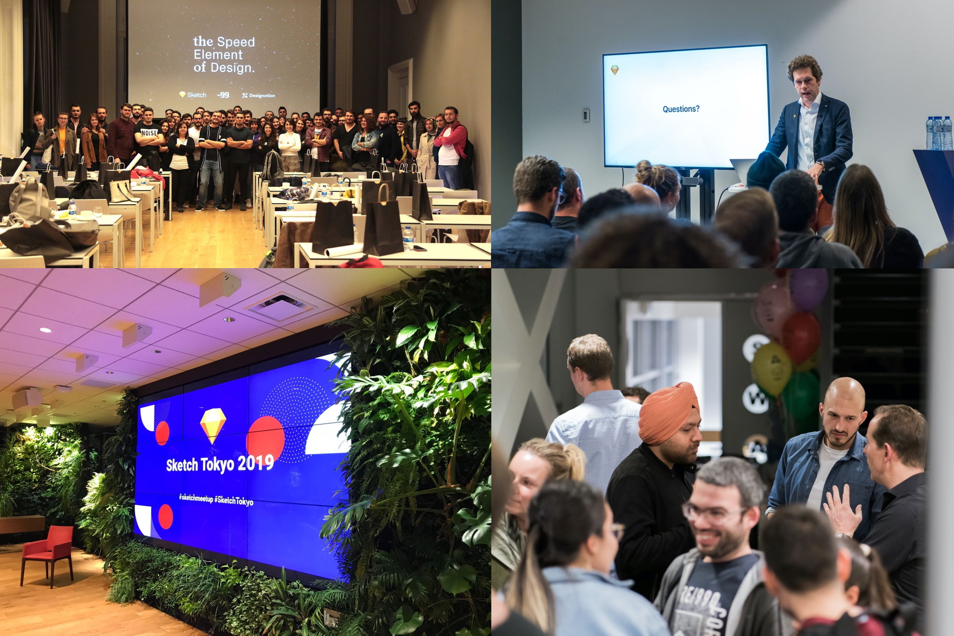 Four photographs of Sketch community events, including Pieter Omvlee speaking to designers at upper right