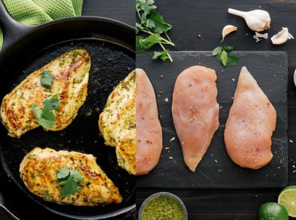 Just Bare food photograph showing raw chicken breasts beside cooked chicken in a skillet