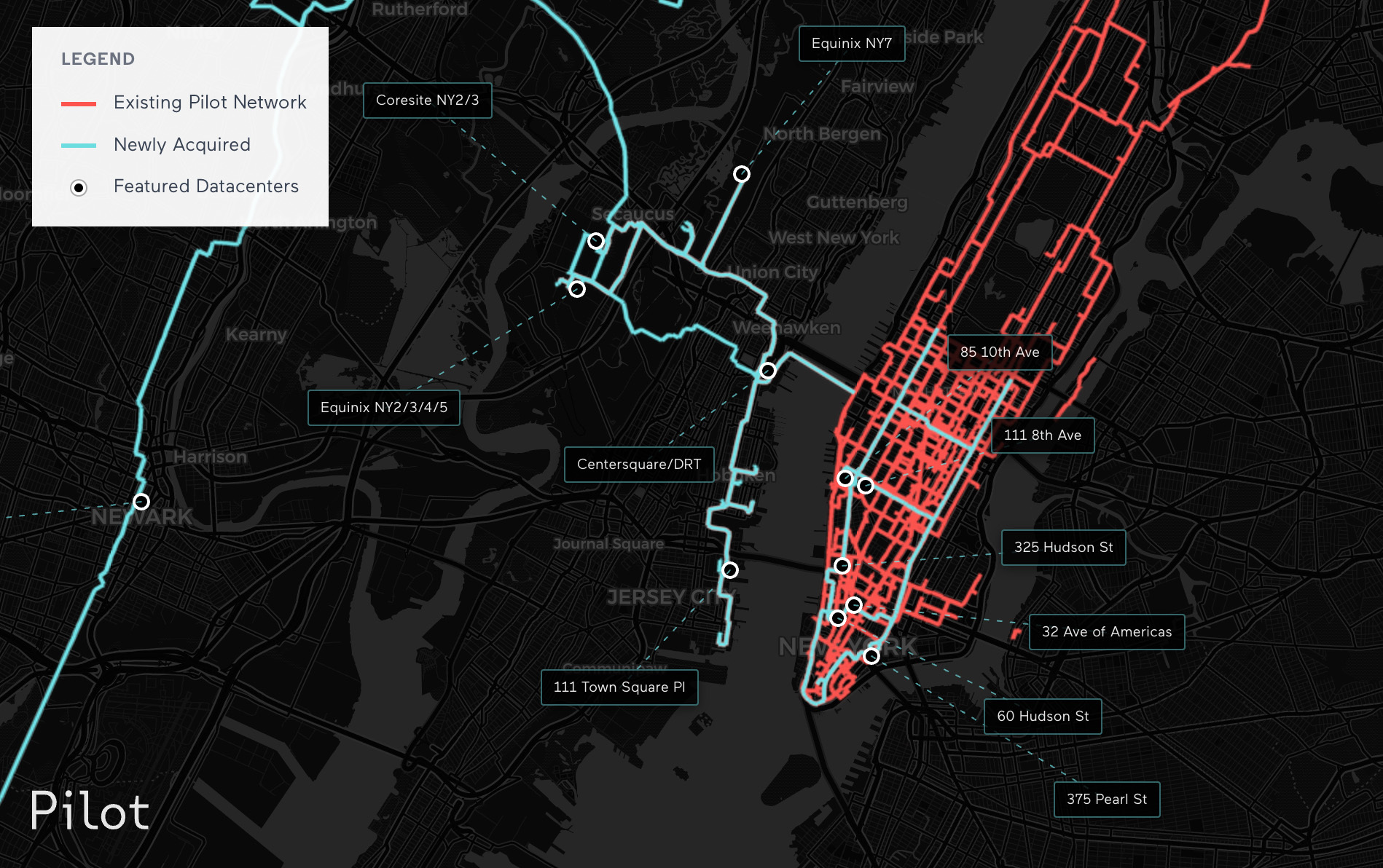 Pilot Fiber map showing existing Manhattan routes in red and newly acquired New Jersey routes in teal