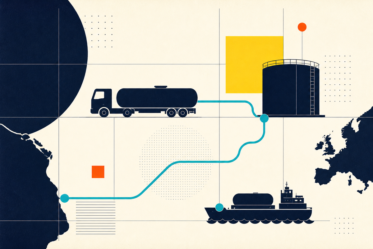 Swiss-style illustration connecting a fuel tanker, storage tank and working vessel