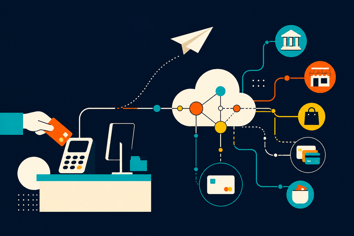 Abstract network linking a payment terminal, merchant, bank, card and digital wallet