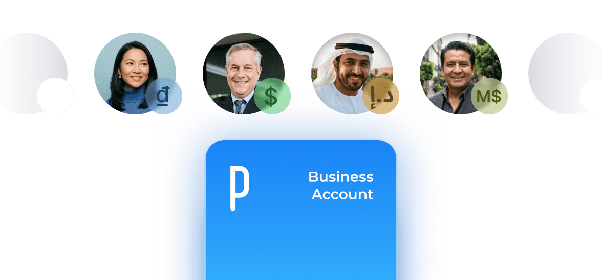 PingPong Business Account illustration showing customers associated with different currencies