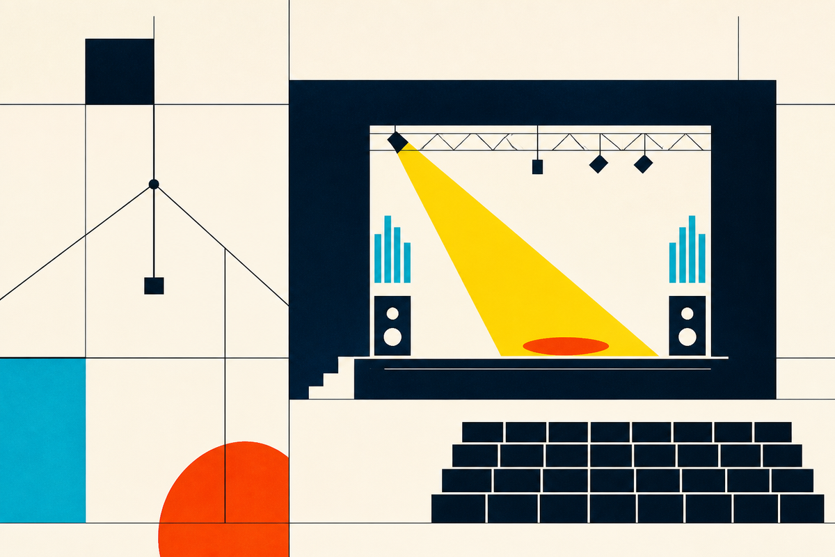 Abstract Swiss-style illustration of a hotel event stage, lighting rig and rows of seats