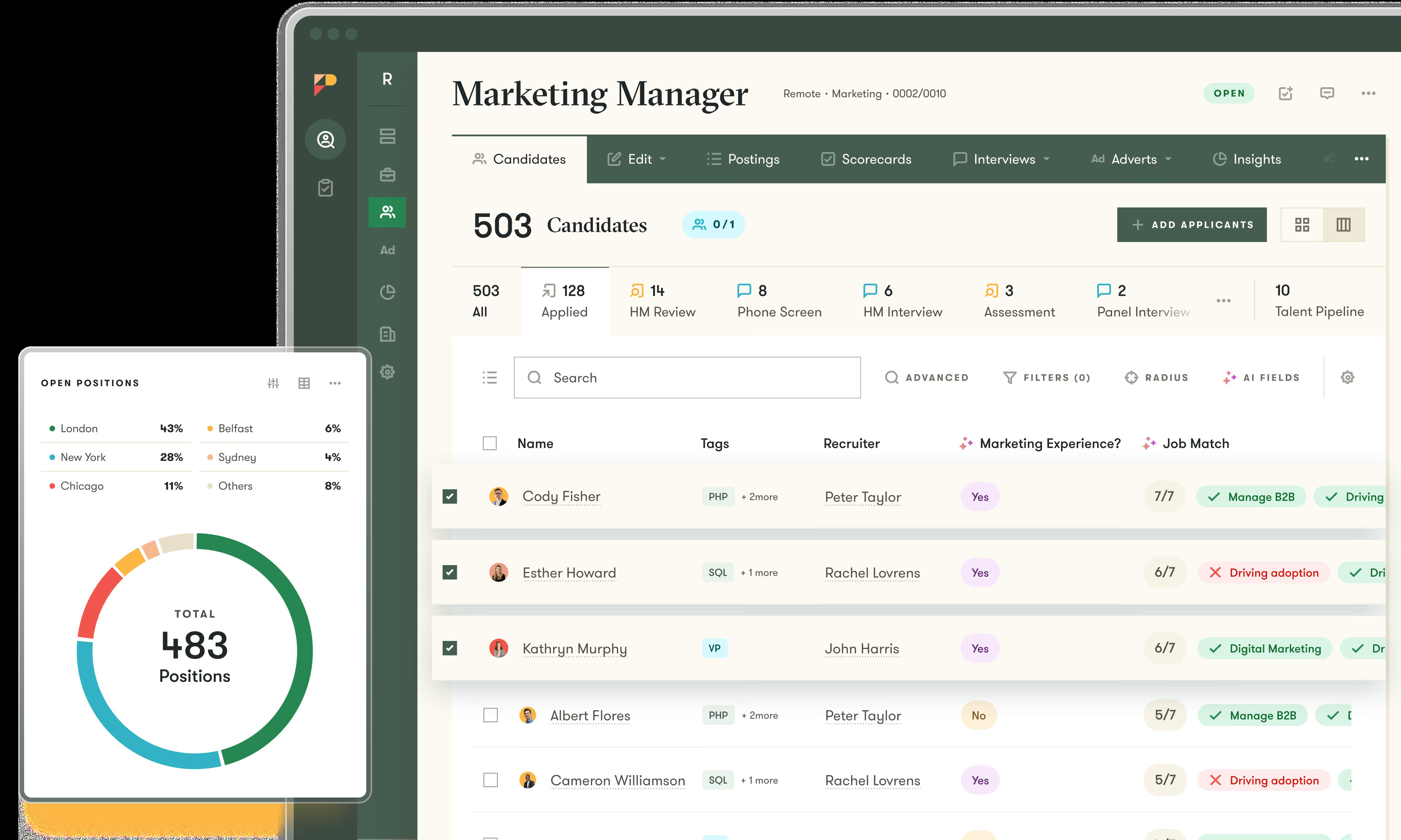 Pinpoint candidate pipeline for a marketing manager role, with candidate stages, filters, match criteria and a hiring-location chart