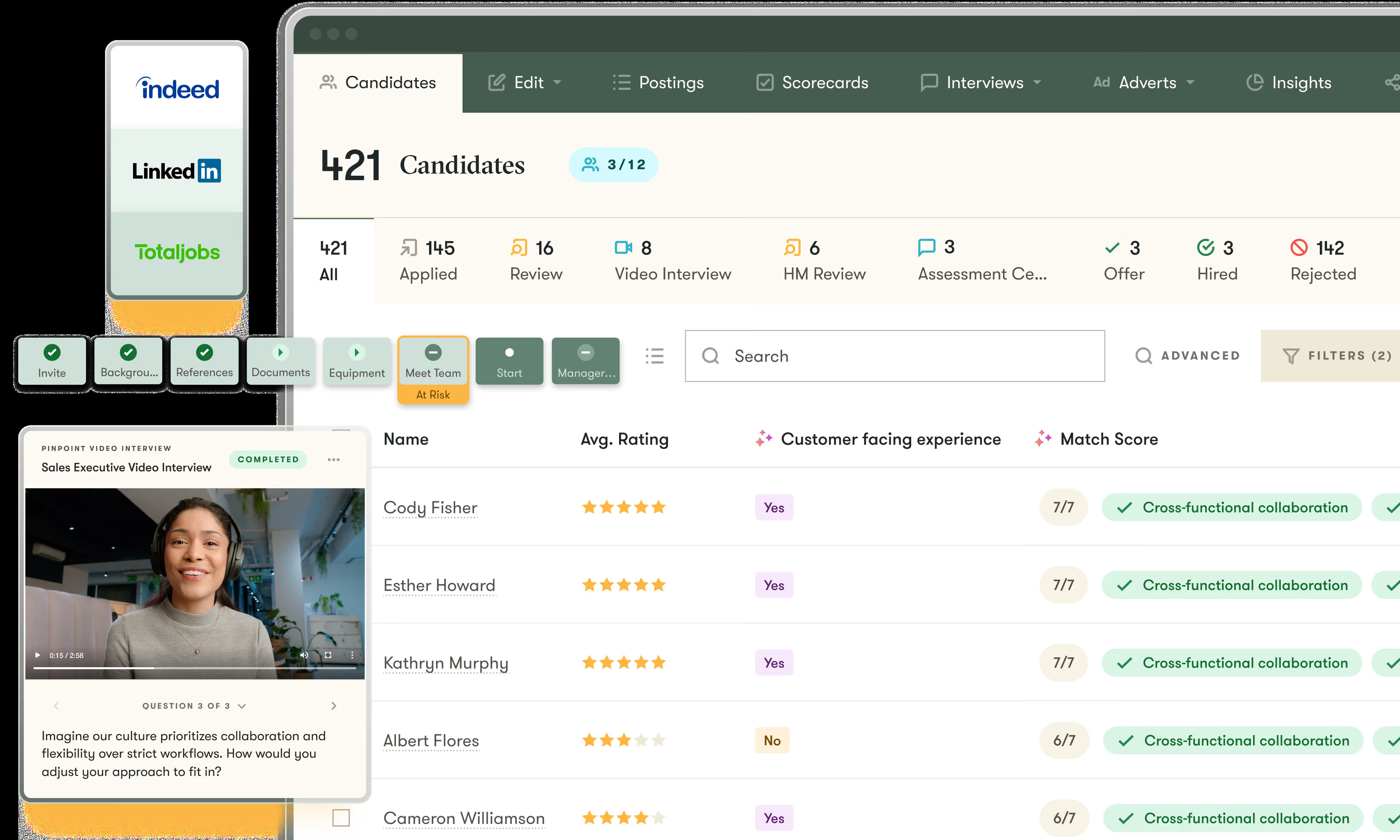 Pinpoint high-volume hiring interface with job board sources, candidate ratings, video interview and match scores