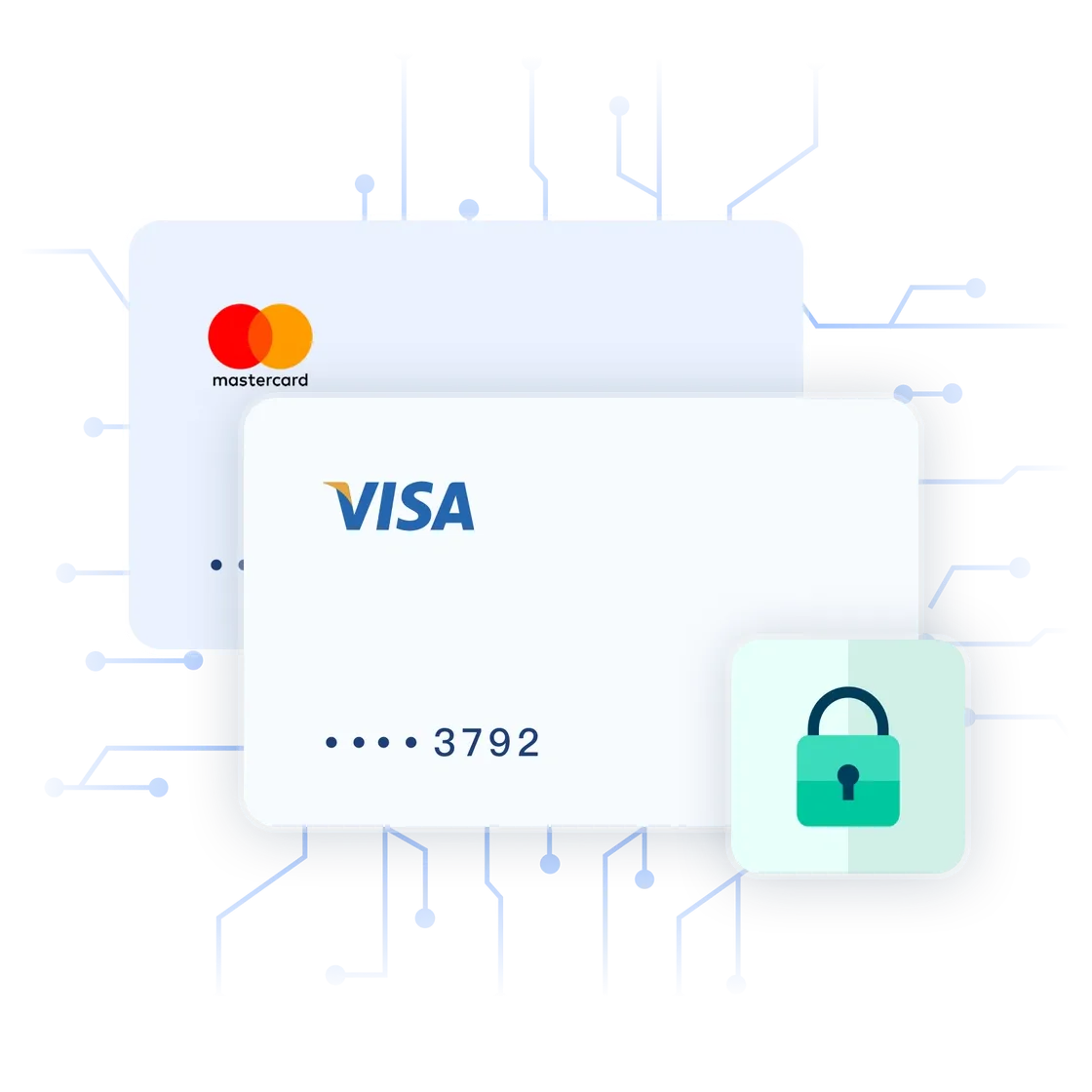 PIO’s official business-card illustration showing Visa and Mastercard cards with a lock symbol