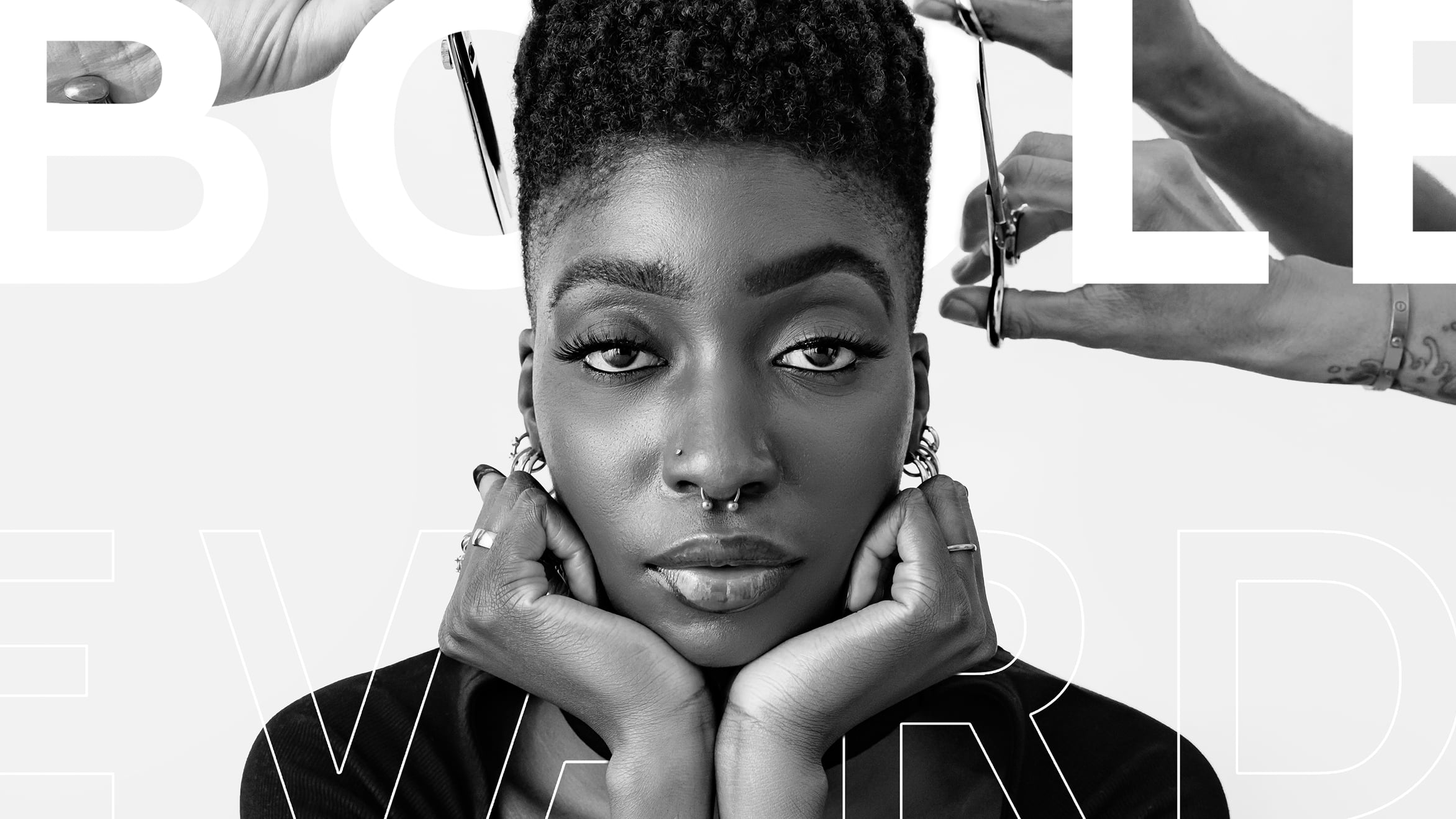 Black-and-white promotional image from the Boulevard capital case study, showing a woman having her hair styled