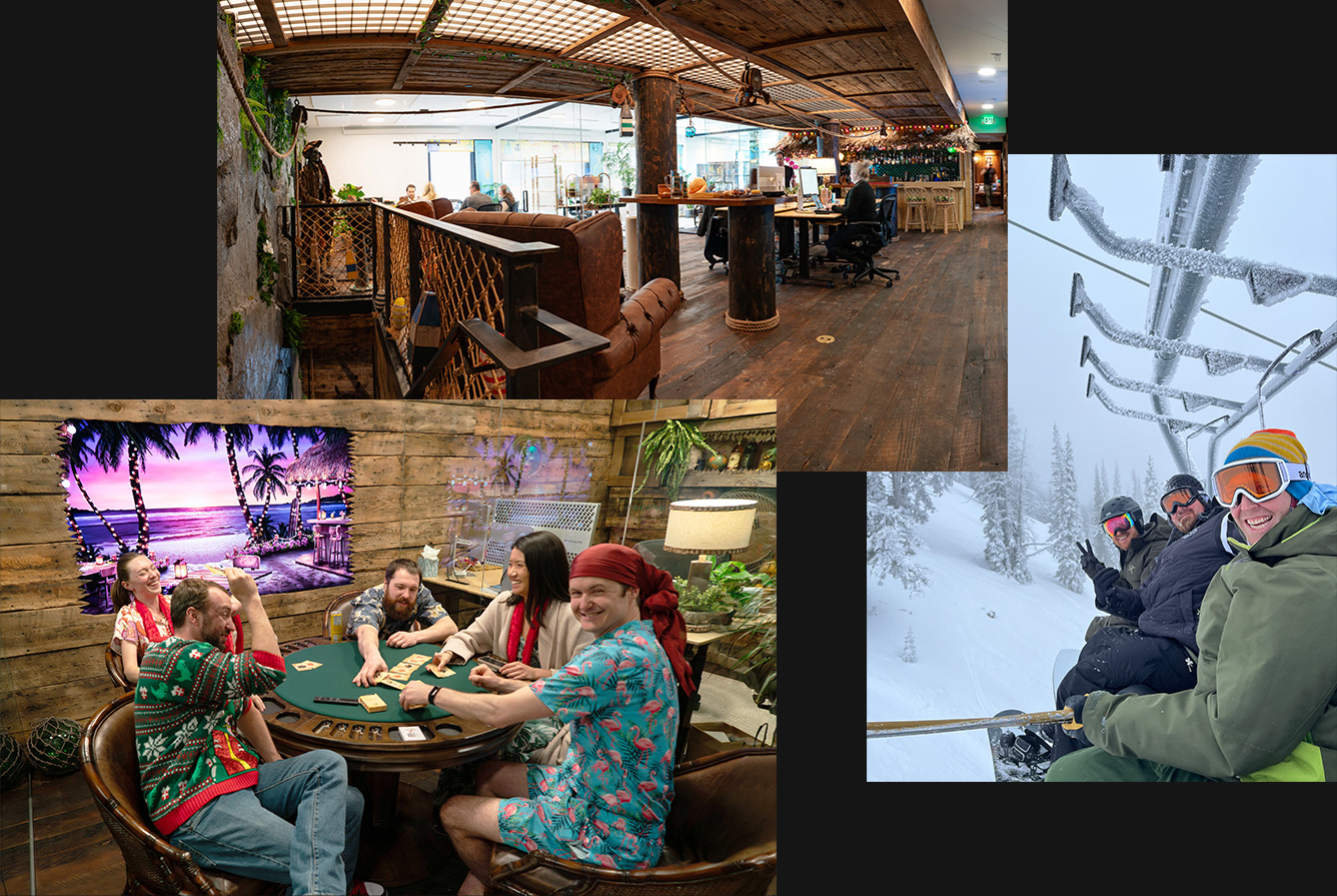 Pirate Ship's Jackson office, colleagues around a table, and a group on a snowy ski lift