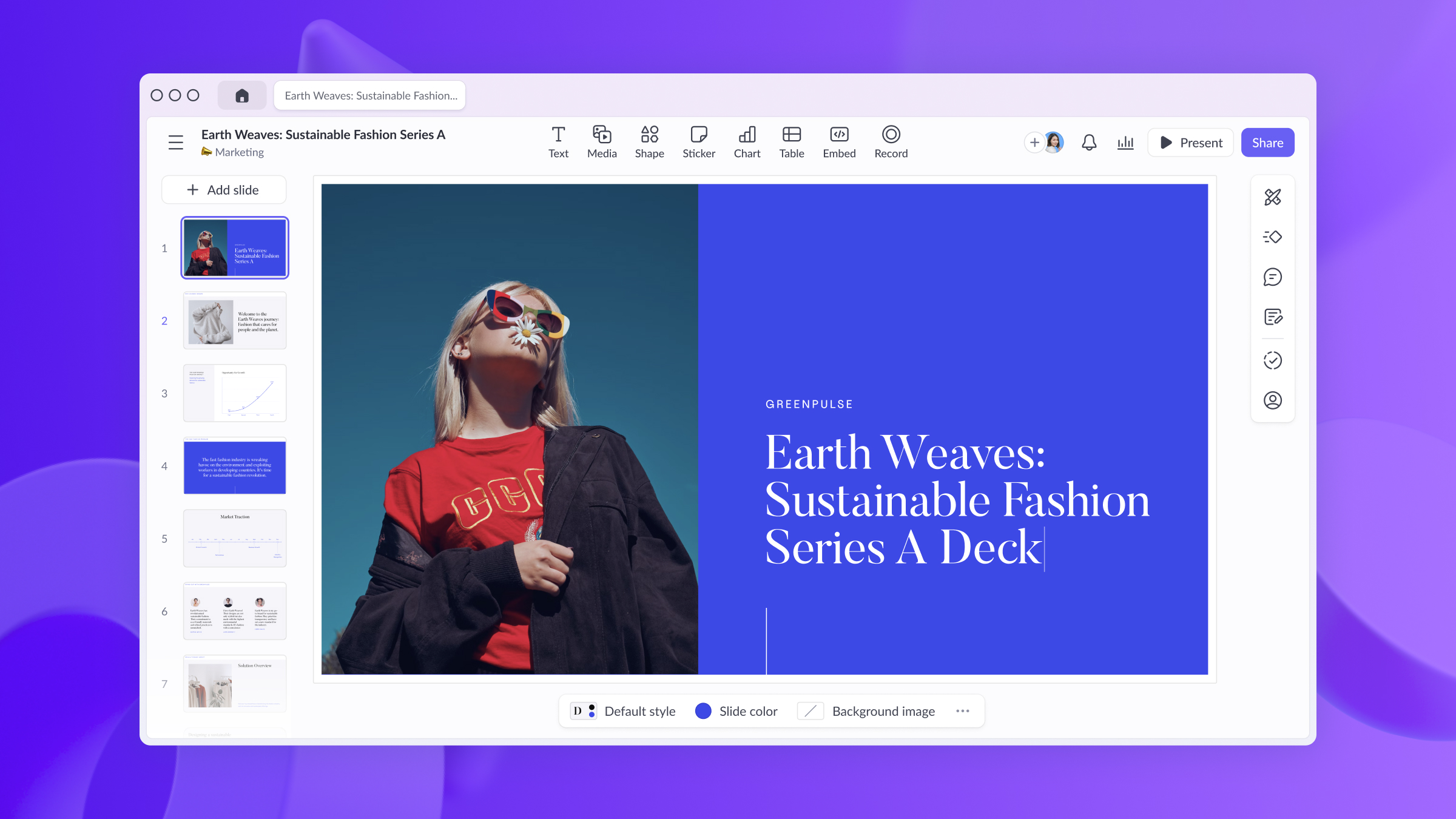 Pitch editor showing a sustainable fashion fundraising presentation