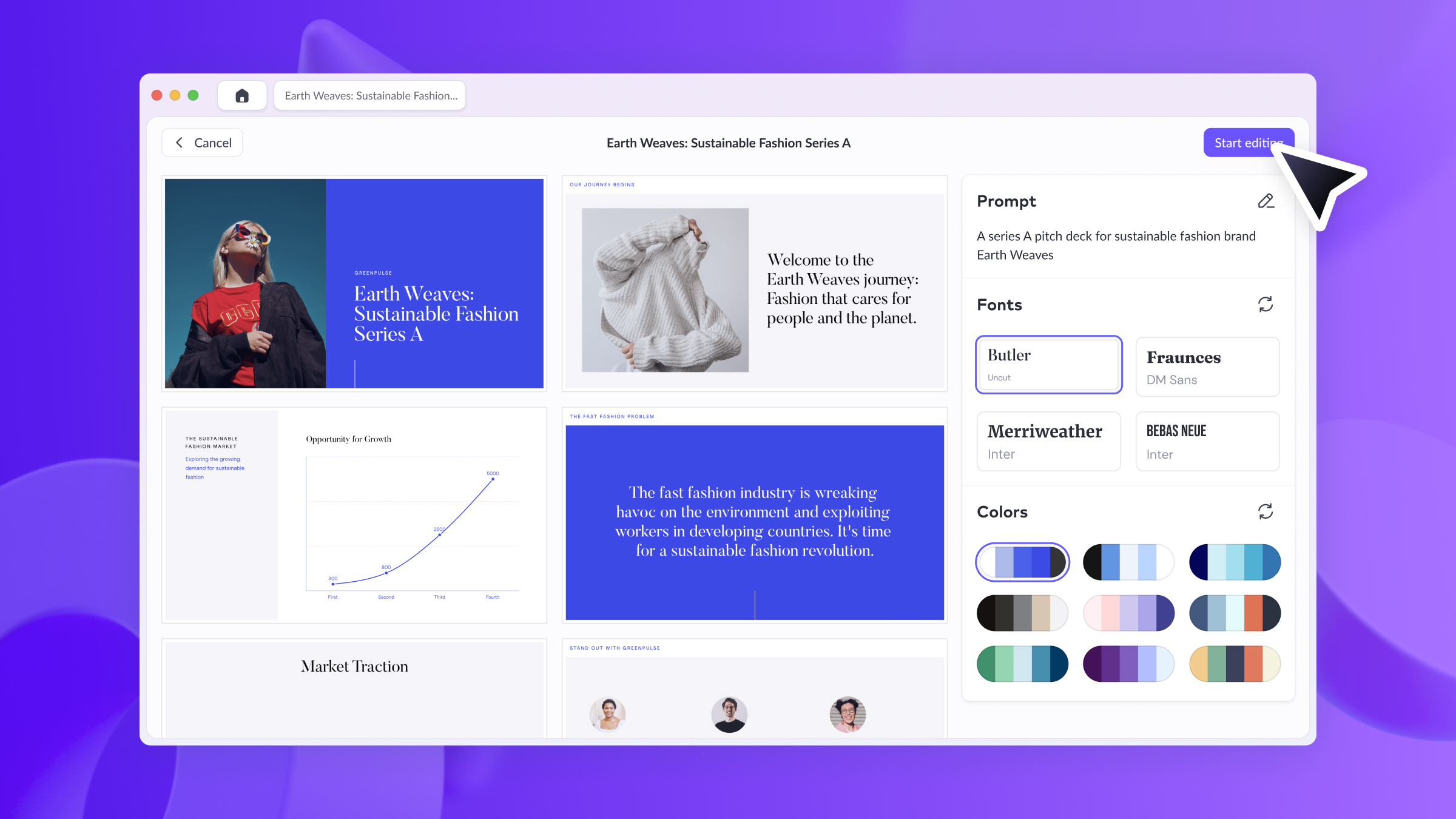 Pitch AI presentation generator with slides, fonts, colors, and a prompt panel
