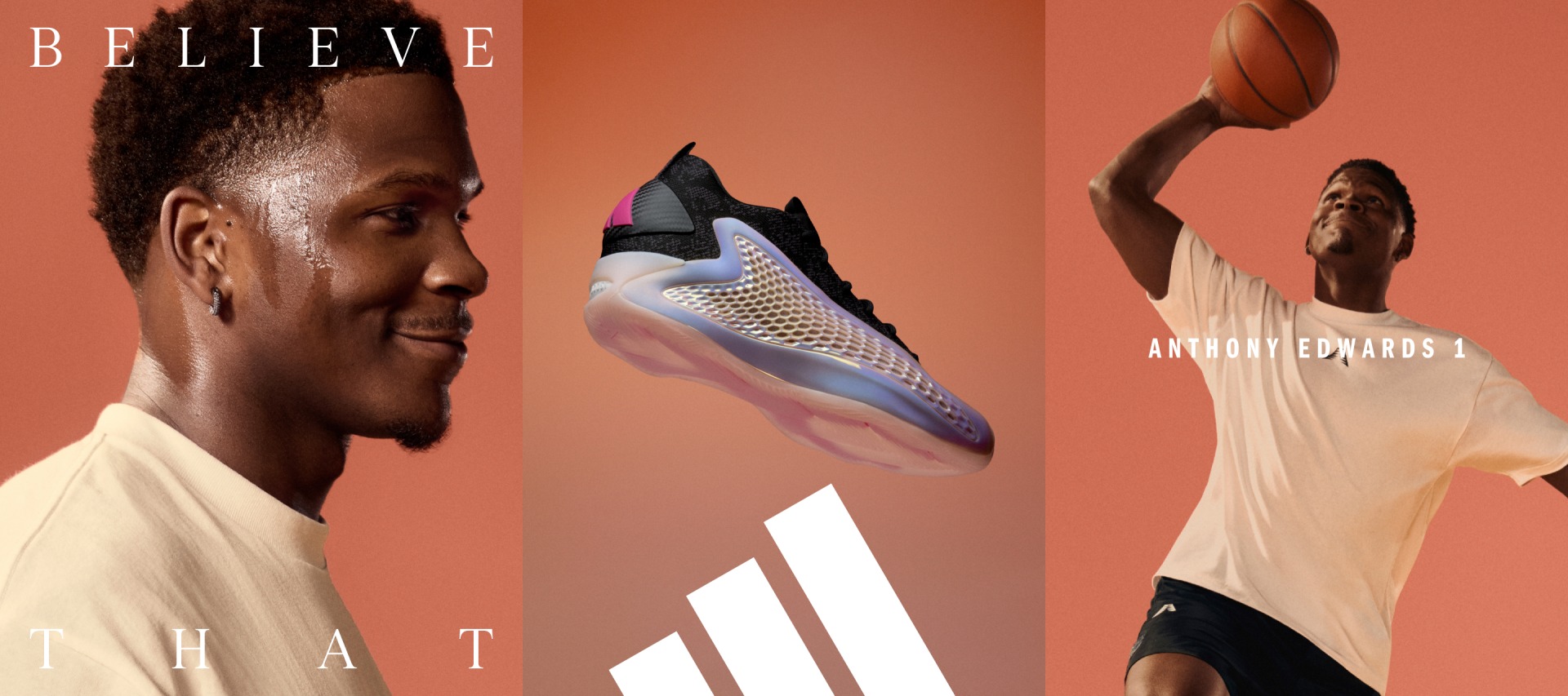 Anthony Edwards and his adidas signature basketball shoe arranged in a graphic campaign triptych
