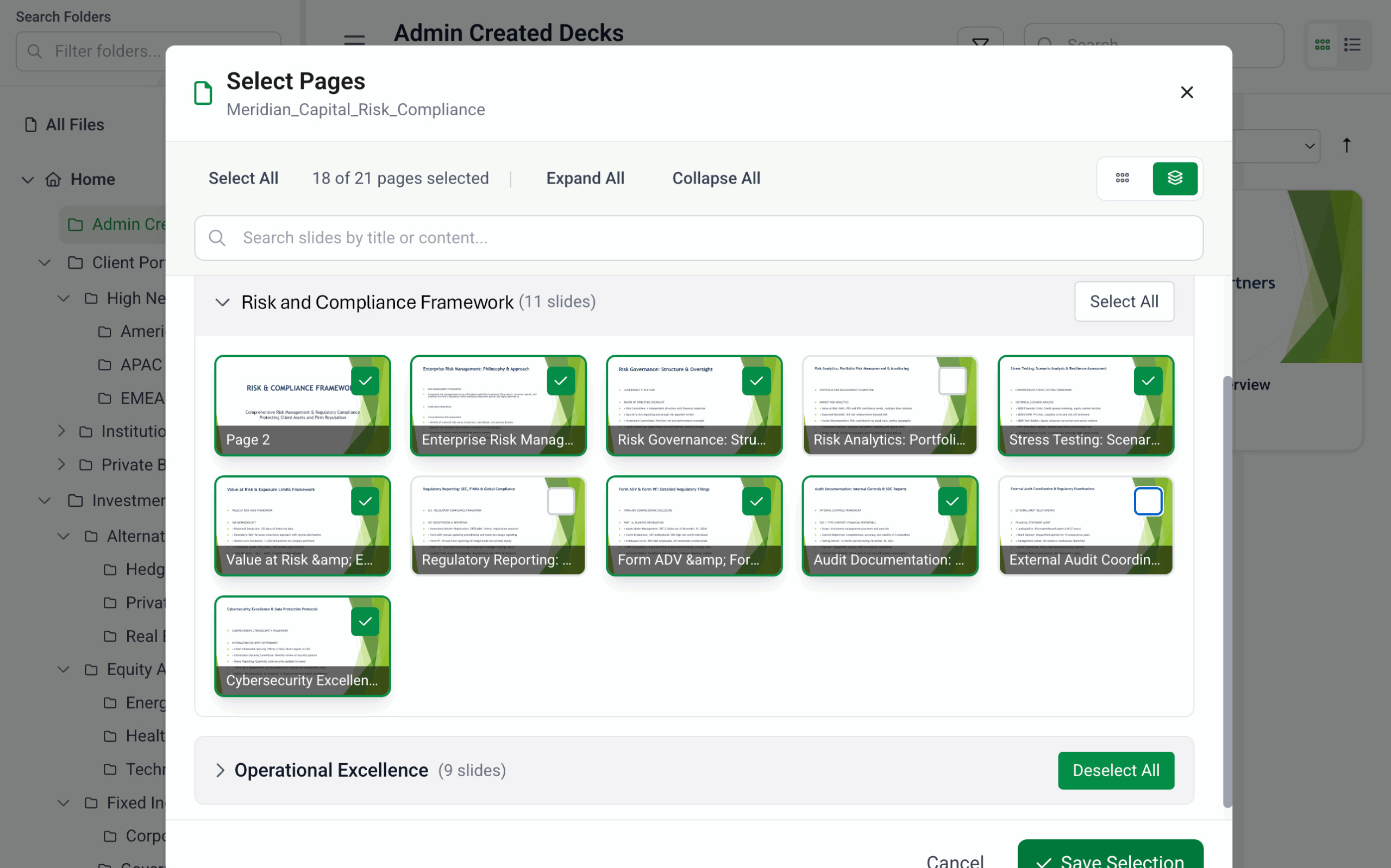 Pitcher interface for selecting approved presentation pages from a compliance deck