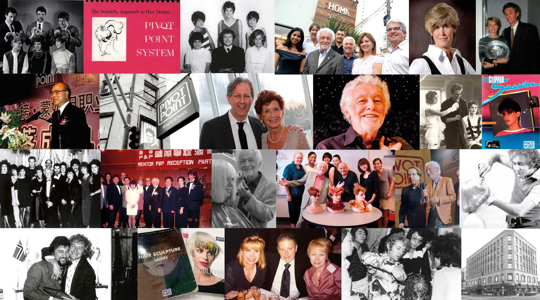 Pivot Point historical collage showing Leo Passage, classrooms, educators and teaching publications