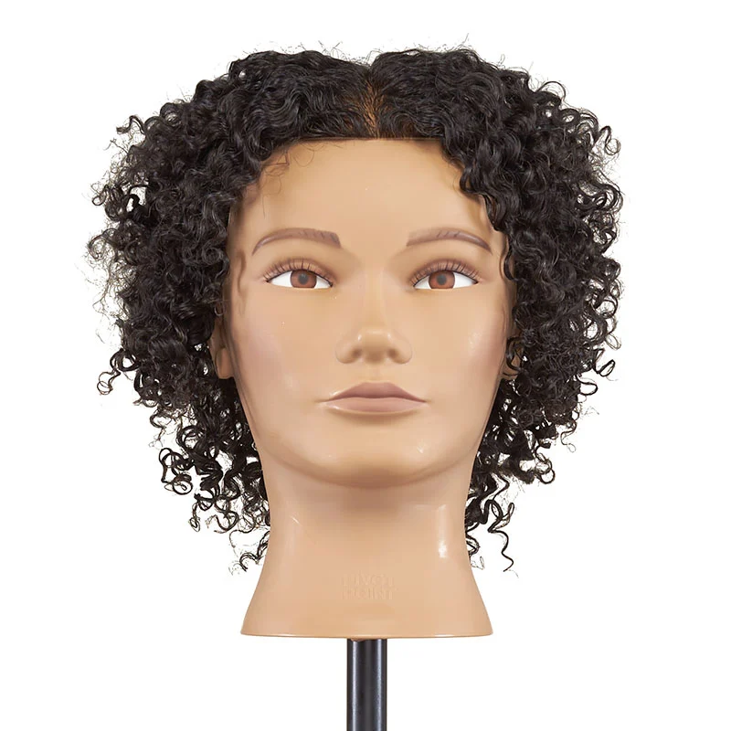 Pivot Point Amber Cap with dark curly hair on a mannequin headform