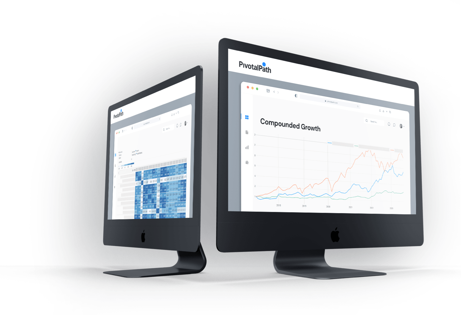 PivotalPath analytics portal shown on two desktop monitors