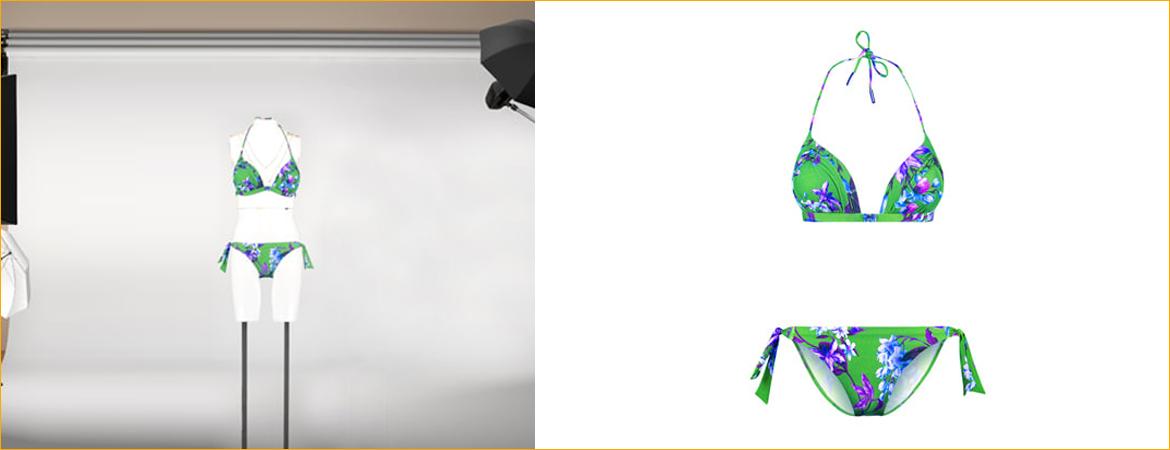 Pix Clipping Path example showing a green patterned bikini on a studio mannequin and isolated on white