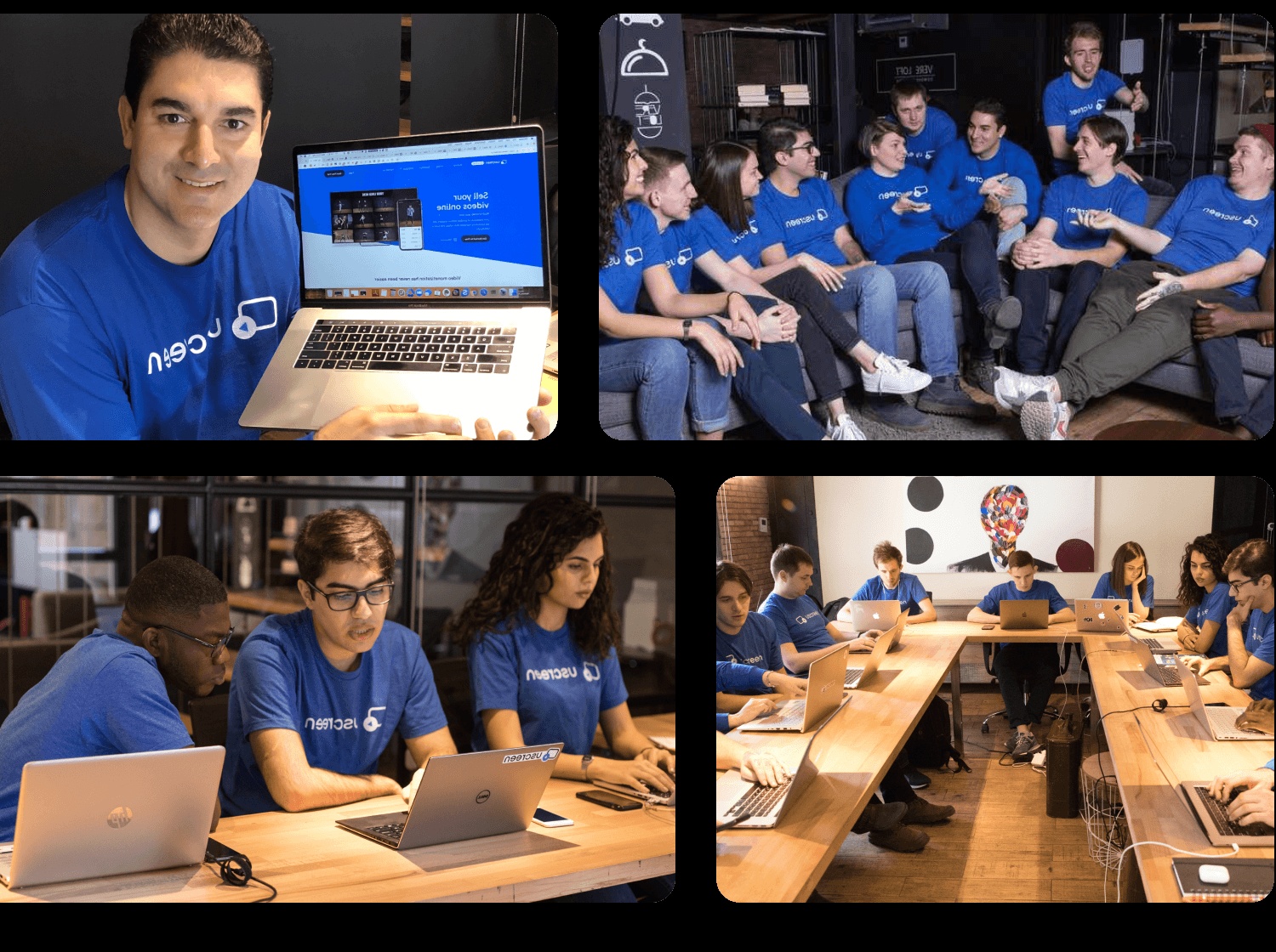 Collage from PJ Taei’s personal website showing him with a laptop and Uscreen colleagues meeting and working together