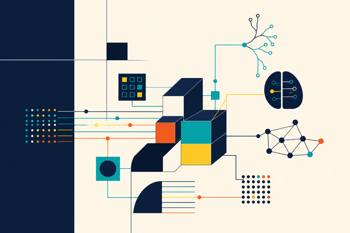 Abstract Swiss-style network of compute blocks, neural branches and connected nodes
