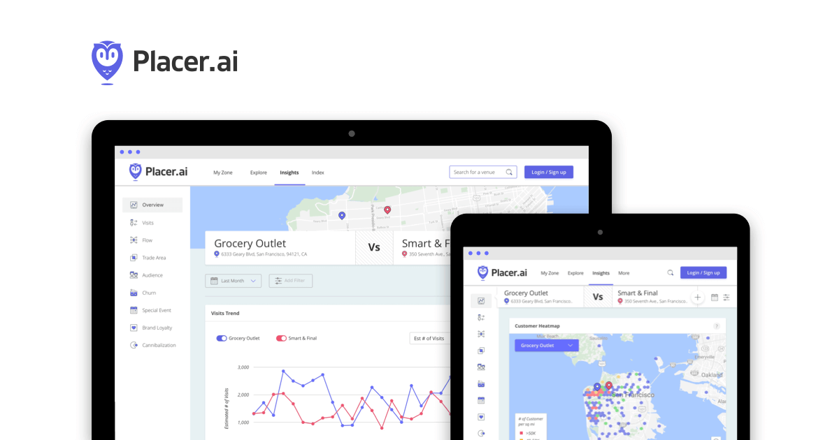 Placer.ai logo and analytics dashboard shown on a laptop and tablet