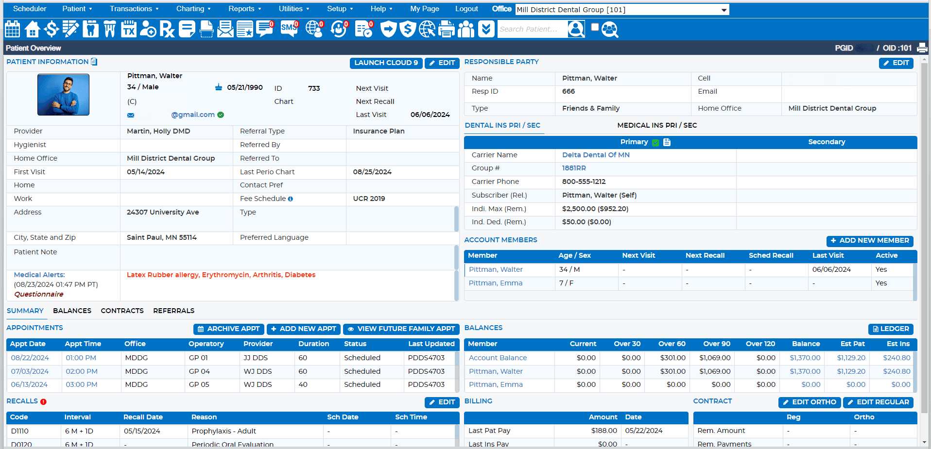 Published Denticon interface showing a patient overview, appointments, insurance and balances