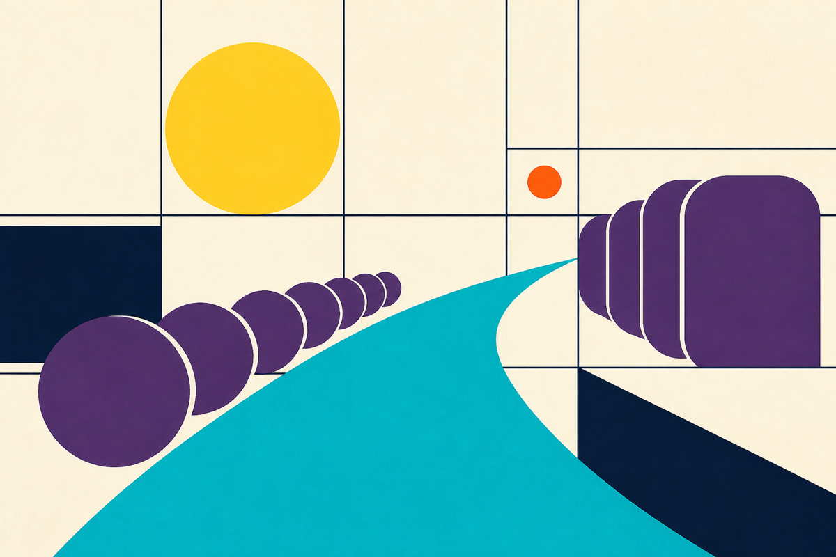 Abstract Swiss-style composition with a teal path opening between purple exercise forms