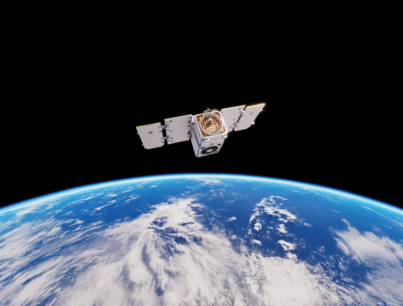 Planet illustration of a Pelican satellite above Earth, with its solar panels deployed