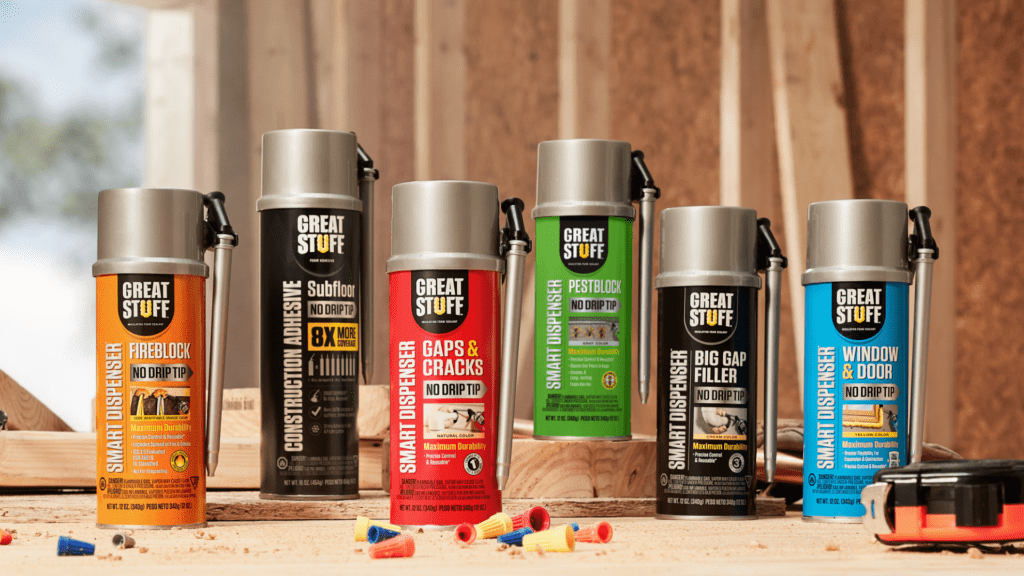 Great Stuff foam sealant product family photographed in a workshop