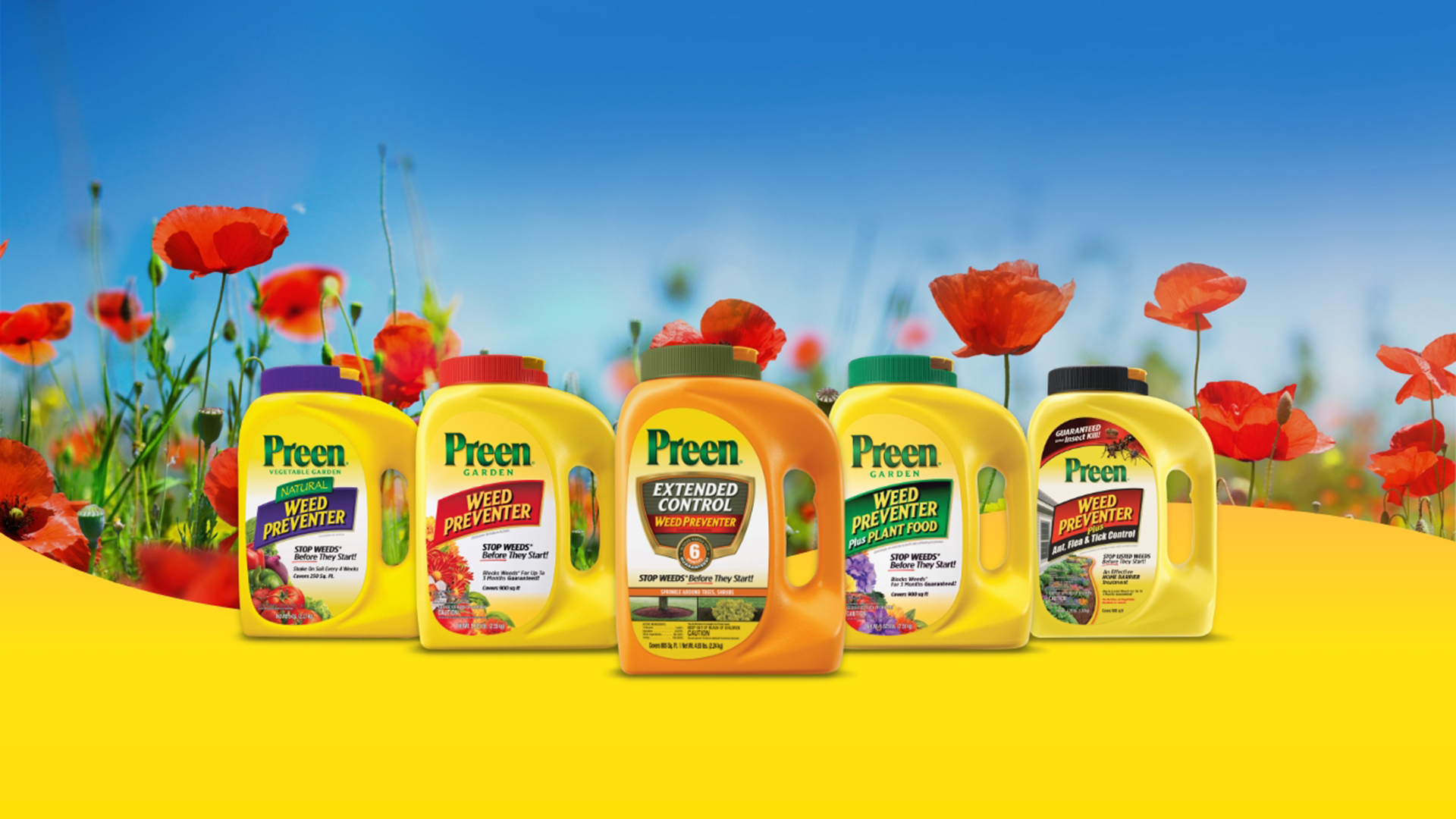Preen weed preventer products arranged against a bright garden scene
