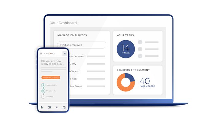 PlanSource benefits administration dashboard shown on a laptop and phone