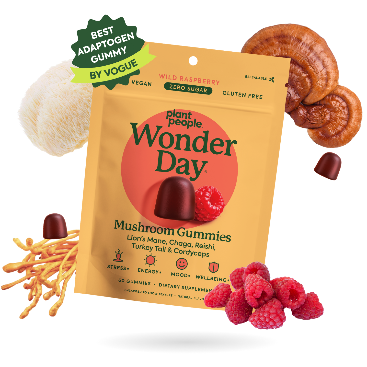 Plant People WonderDay mushroom gummies pouch with floating mushroom ingredients