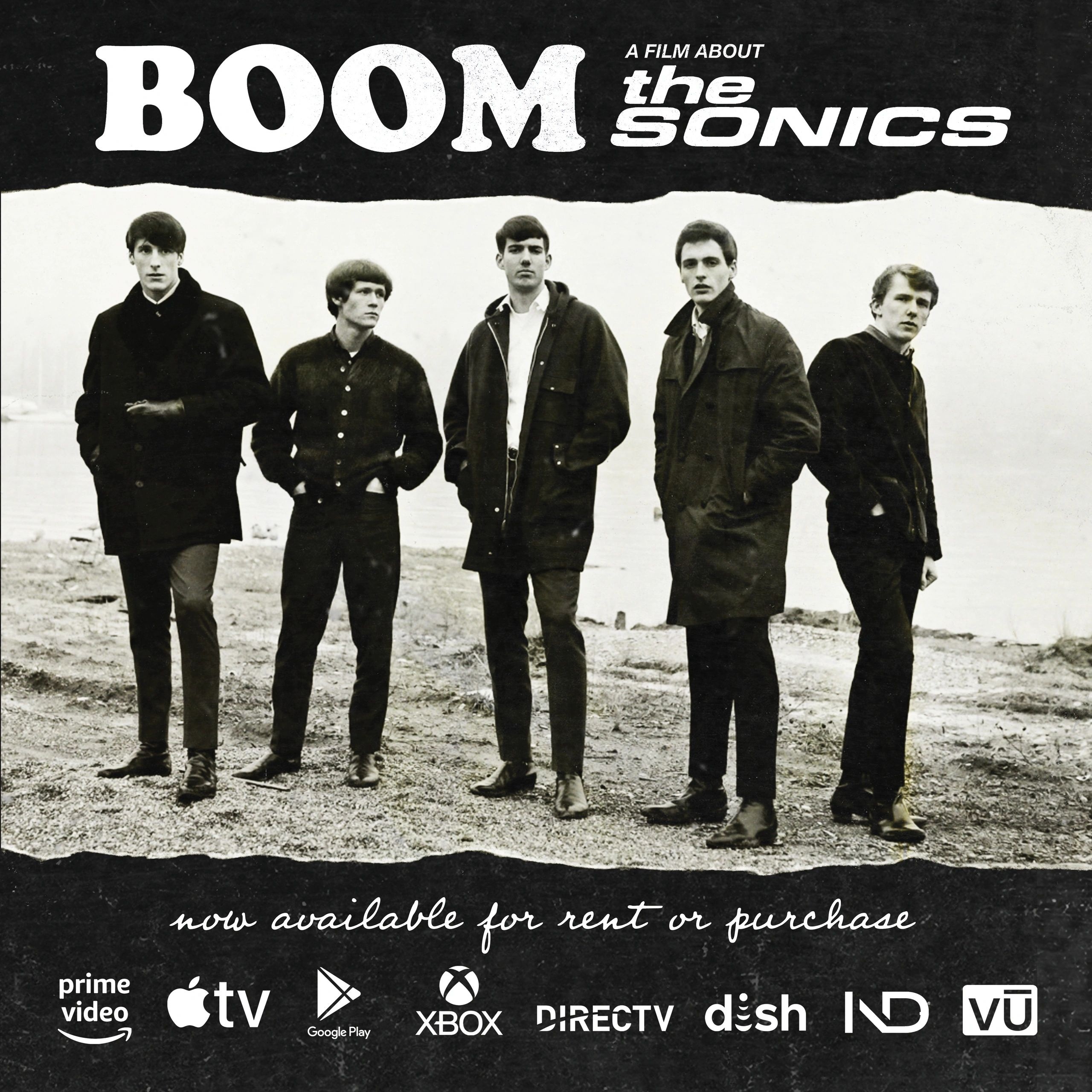 BOOM promotional artwork featuring a black-and-white photograph of the Sonics