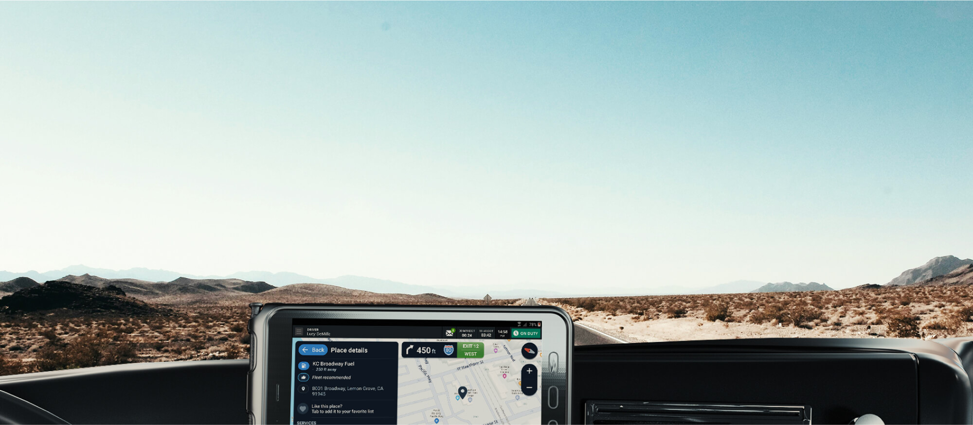 Platform Science product image showing a mounted navigation tablet in a commercial vehicle cab
