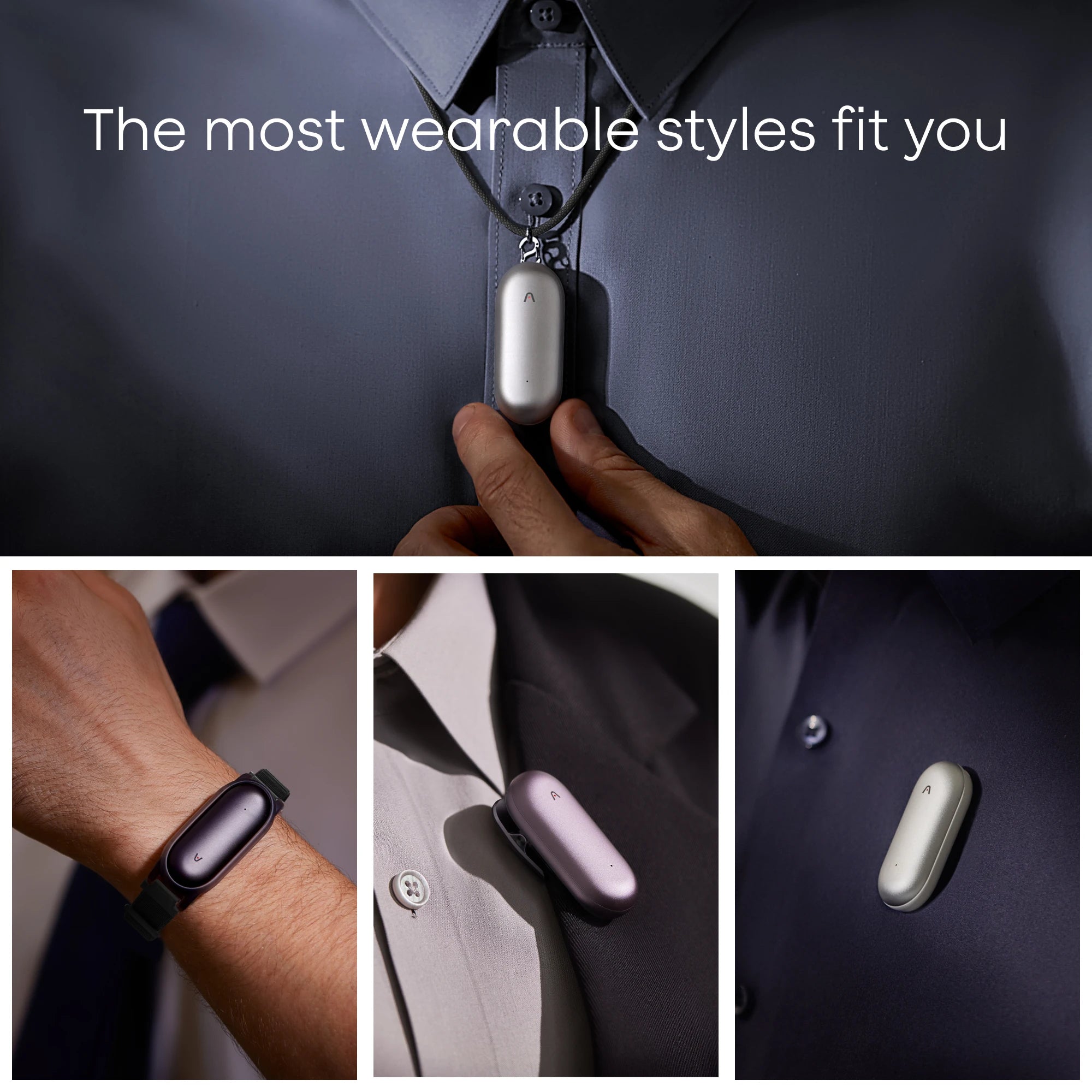 Plaud NotePin worn as a necklace, wristband, clip, and magnetic pin