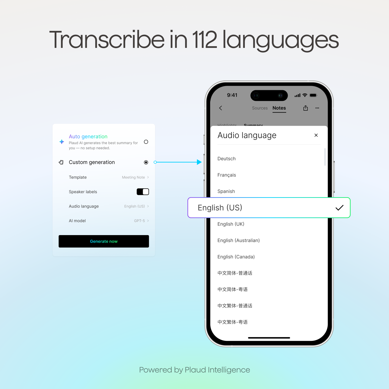 Plaud mobile app showing language and AI summary options