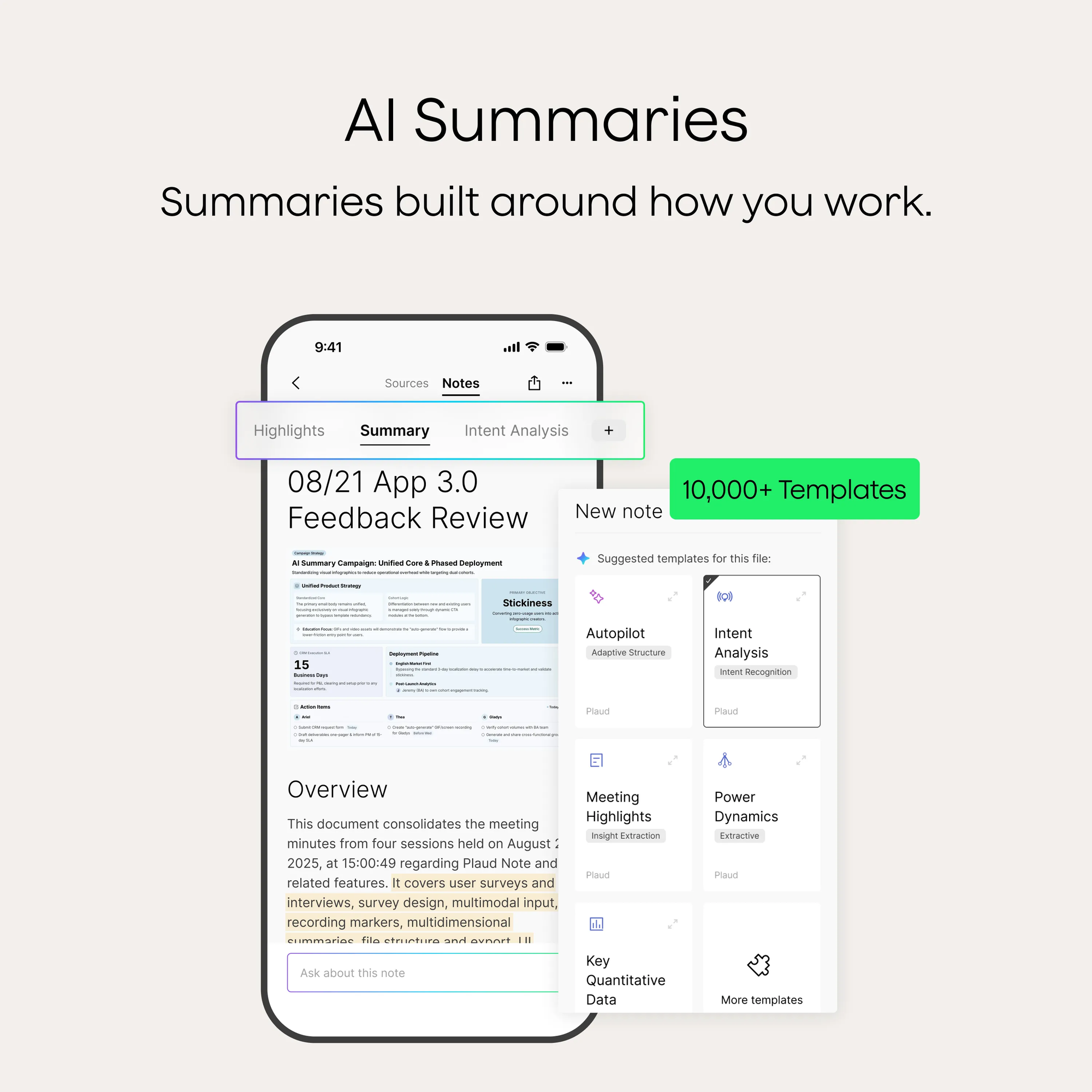 Plaud app interface showing an AI summary, intent analysis and professional summary templates