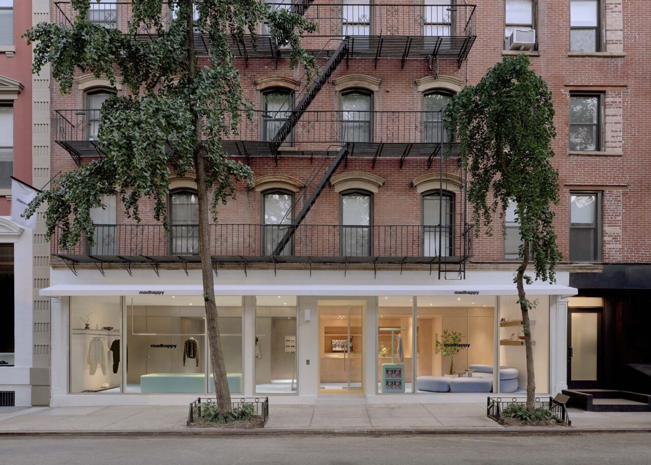 Madhappy’s New York store with pale blue flooring, a café and sculptural seating