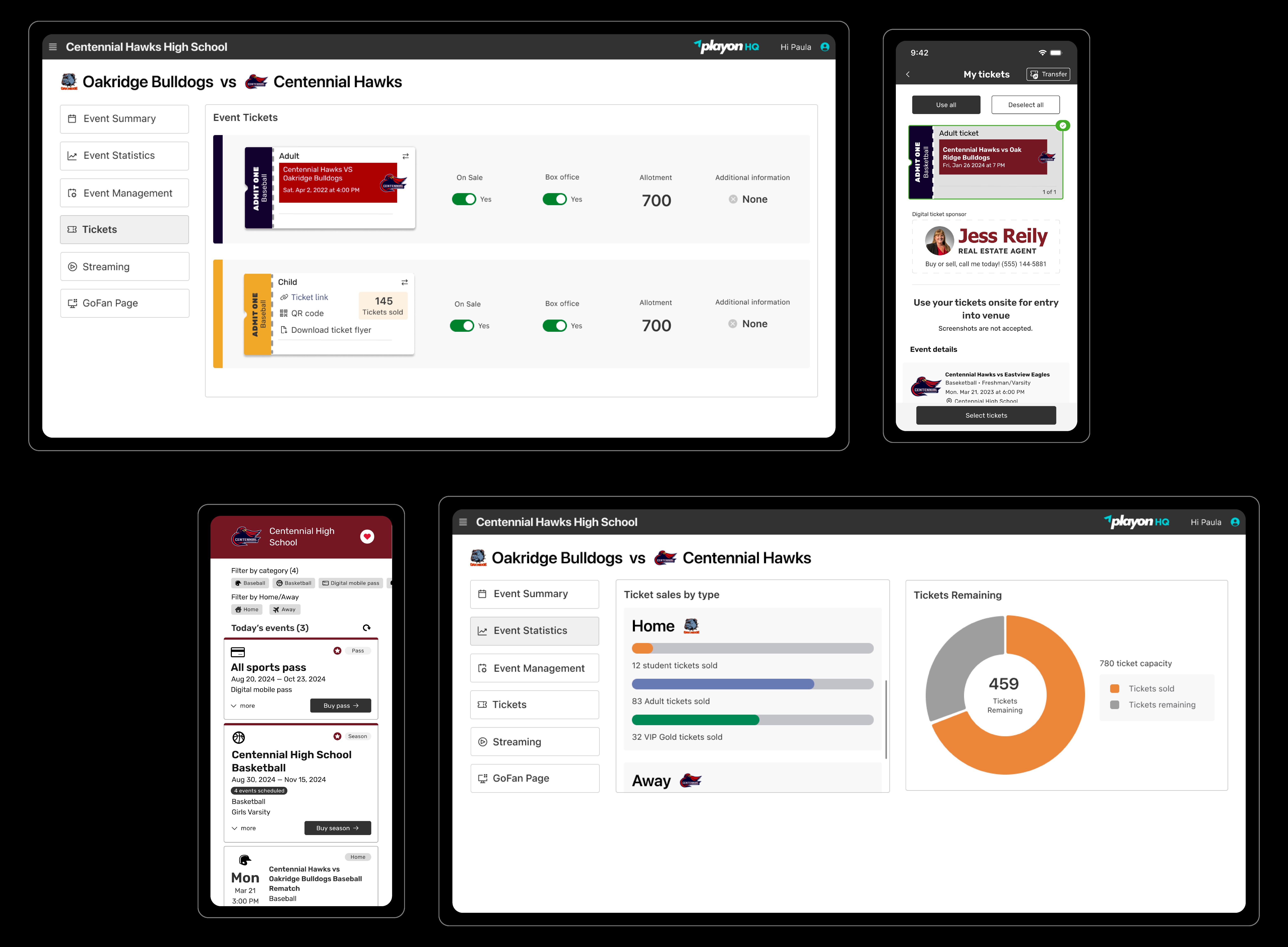 GoFan ticketing interface displayed across desktop and mobile devices