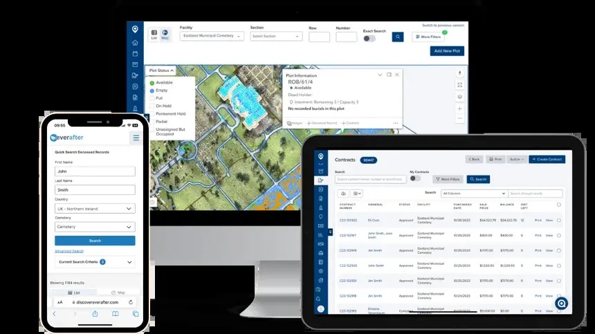 PlotBox product screens showing cemetery plot mapping, contracts and public burial searches